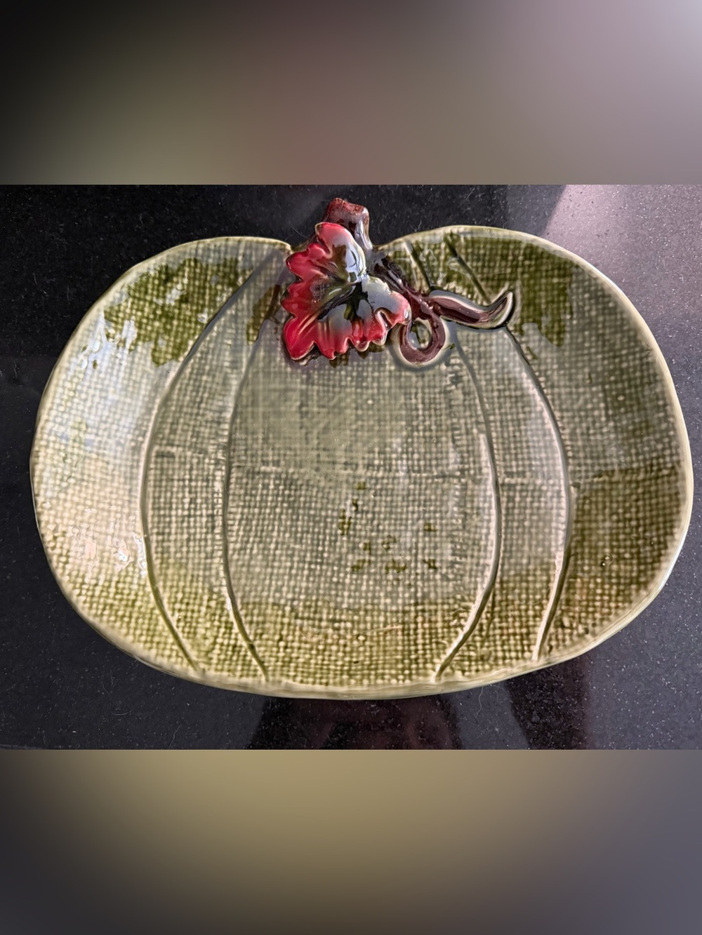 Designers Choice by Coventry Olive Green Pumpkin Serving Plate W/Red Floral